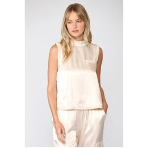 Fate Sleeveless Satin Top With Ribbed Trim Mock Neck Champagne NWT Size S Beige